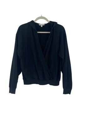 Garnet Hill Size M black V-Neck Cross-Wrap Surplice Hoodie Sweatshirt Top
